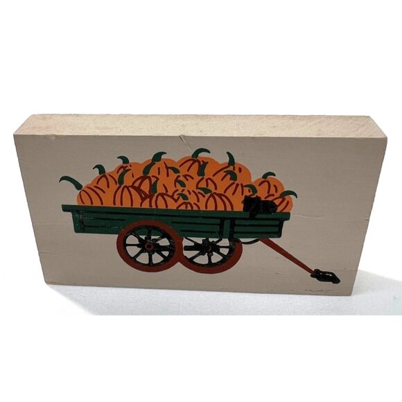 Cats Meow Wooden Block With Pumpkin Wagon Design - Picture 2 of 2
